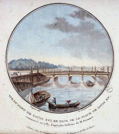 Pohled na most Ludvíka XVI. naproti místu Ludvíka XV., započatý v roce 1787 podle nákresů pana Peronneta. V malebných pohledech na hlavní budovy Paříže od seržanta od Antoine Louis Francois Sergent Marceau