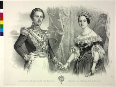 Španělská královna a její manžel František Isabella II (litografie) od Antoine Maurin