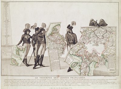 Triumf francouzských armád, Napoleon a jeho generálové drží mapy svých vítězství v době míru v Loebenu, 18. dubna 1797, kolem roku 1797 od Antoine Maxime Monsaldy