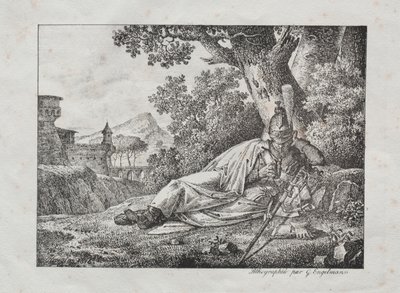 Sbírka litografických esejů: Kouřící drak leží na úpatí stromu, 1822. od Antoine Pierre Mongin