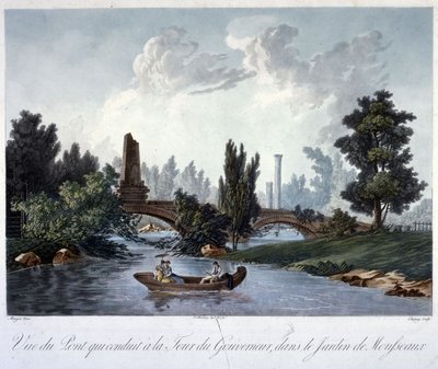 Most na Tour du Gouverneur v parku Monceau, rytina Chapuy (akvatinta) od Antoine Pierre after Mongin