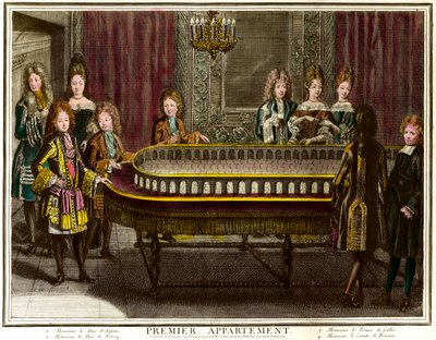 Philippe of France, vévoda z Anjou, tehdejší král Španělska (1683-1746), Charles, vévoda z Berry (1686-1714) a princ z Walesu hrající portikus v prvním bytě Ludvíka XIV ve Versailles - rytina Antoina Trouvaina (1656 -1708) Soukromá sbírka - Cha od Antoine Trouvain