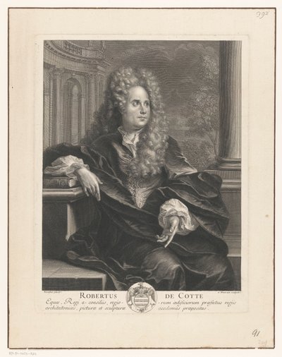 Portrét Roberta de Cotte opírajícího se o knihu v klasické architektuře Robert De Cotte (titul na objektu) od Antoine Trouvain