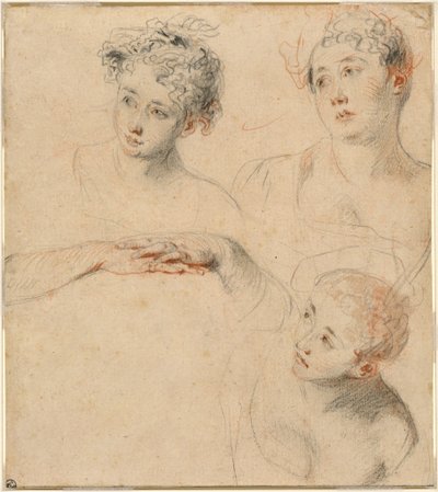 Tři studie ženské hlavy a studie rukou [recto] od Antoine Watteau
