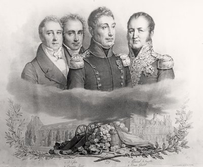 Prozatímní vláda z 29. července 1830. L až R: Jacques Lafitte (1767-1844), Casimir Perier (1777-1832), generál Lafayette (1757-1834) a hrabě Etienne Maurice Gerard (1773-1852) 1831 od Antoine Maurin
