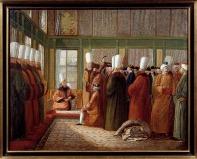 Osmanská říše: “” Přijetí velkovezíra velvyslance Francie ve službách krále Ludvíka XVI. v Turecku”” Malba Antoina de Favray (1706-1791) 18. století Marseille, Musee de la Marine - Osmanská říše: Recepce francouzský velvyslanec od Antoine de Favray