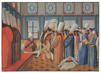 Předání hraběte de Vergennes, velvyslance Ludvíka XV., Reisovi Effendimu, velkovezírovi, osmanskému sultánovi „Uthman III dne 31. května 1755 od Antoine de Favray