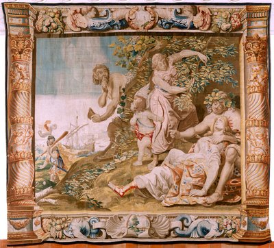 Vlámský gobelín. Seriál Příběh Thésea. Theseus opouští Ariadnu na ostrově Naxos (Teseo abandona a Ariadna en la Isla de Naxos). Osmý gobelín v sérii. Model Anthonis Sallaert. Výroba Jan Raes mladší, Brusel. Cca 1630. Fabric S od Antoine or Anthonis Sallaert