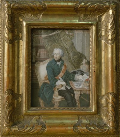 Pruský král Fridrich II. v hohenzollernském saku, 1769 (akvarel na slonovině) od Anton Friedrich Konig