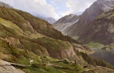 Němčina: Horská krajina s pasoucími se kozami od Anton Hlavacek