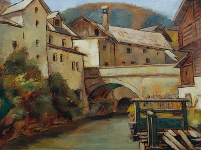 Pohled na město s řekou a mostem od Anton Hula