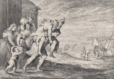 Aeneas prchající z Tróje, se skupinou šesti postav opouštějících město vlevo, Aeneas nesoucí..., 1728. od Anton Joseph von Prenner
