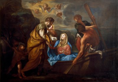 Let do Egypta Svatá rodina se nalodí na loď. Obraz Anton Maria Piola (1654-1715) Collezione Banca Carige Genes od Anton Maria Piola