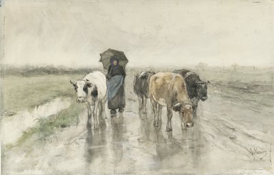Pastýř s krávami na venkovské cestě v dešti Farmářova žena s krávami na venkovské cestě v dešti od Anton Mauve