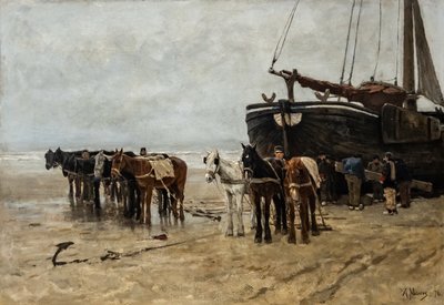 Holandsky: Bomschuit s tažnými koňmi na pláži Scheveningen Rybářský člun s tažnými koňmi na pláži Scheveningen od Anton Mauve