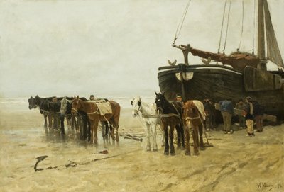 Holandsky: Bomschuit s tažnými koňmi na pláži Scheveningen Rybářský člun s tažnými koňmi na pláži Scheveningen od Anton Mauve