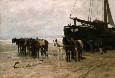 Holandsky: Bomschuit s tažnými koňmi na pláži Scheveningen Rybářský člun s tažnými koňmi na pláži Scheveningen od Anton Mauve