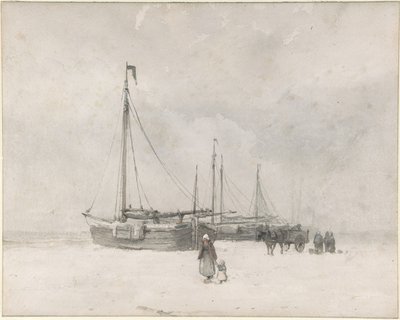 Rybářské lodě na pláži v zimě od Anton Mauve