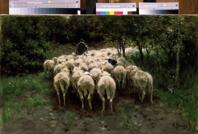 Ovce v lese. Ovce v lese. Pastýř se stádem dobytka při pohledu zezadu. Obraz Antona Mauveho (1838-1888). Olej na plátně. holandská malba. Puškinovo muzeum výtvarných umění, Moskva od Anton Mauve