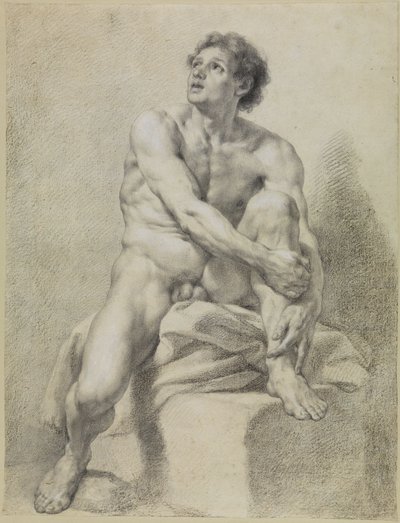 Sedící mužský akt, přibližně z čelního pohledu, s levou nohou zvednutou a podepřenou oběma rukama od Anton Raphael Mengs