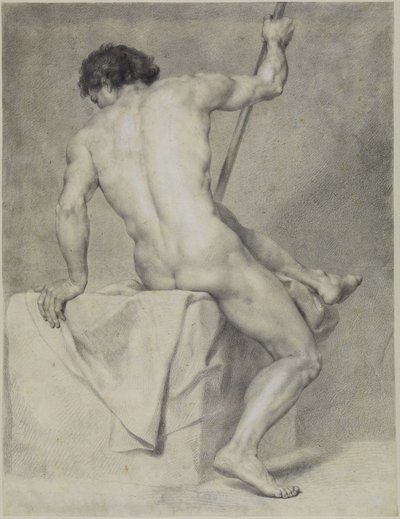 Sedící mužský akt v pohledu zezadu, opírající se o levou ruku, v pravé ruce drží hůl od Anton Raphael Mengs