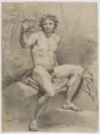 Sedící mužský akt, nakloněný doprava, s vinným věncem a pohárem v pravé ruce od Anton Raphael Mengs