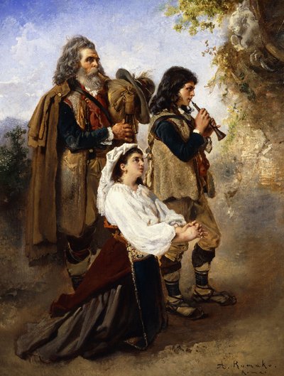 Pohané před oltářem; pifferar před oltářem, od Anton Romako
