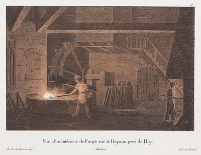 Interiér kovárny poblíž Huy, Belgie, vyrytý Jean-Baptiste Jobard (1792-1861) (tónované lito) od Anton de after Howen