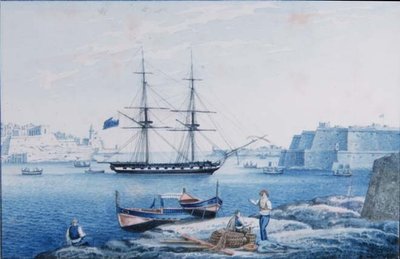 Malta: Pohled na vjezd do přístavu La Valletta z Isola Point (akvarel) od Anton the Younger (circle) Schranz