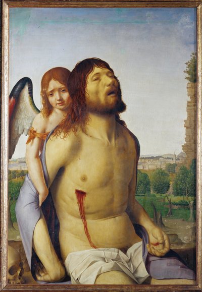 Mrtvý Kristus podpíraný andělem (malba na dřevě) od Antonello da Messina