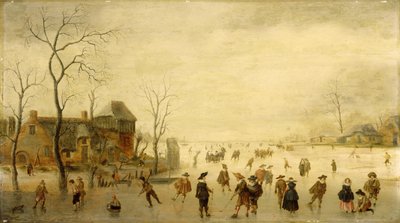 Winterlandschaft mit Schlittschuhläufern, Golfspielern und Bauern auf gefrorenen Wasserwegen von Antoni  Verstralen