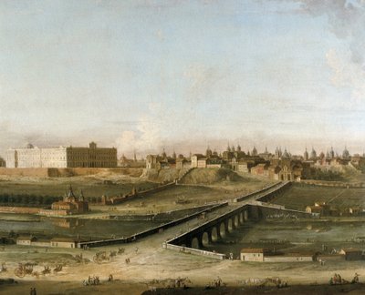 Pohled na město Madrid s Royal Palace CA 1750 z pravého břehu řeky Manzanares, detail (olej na plátně) od Antonia de dipi Joli