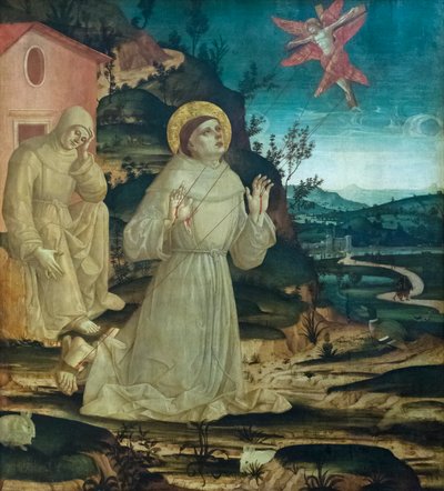 Pyhä Franciscus Assisilainen vastaanottamassa stigmat (tempera puulevyllä) od Antoniazzo (workshop of) Romano