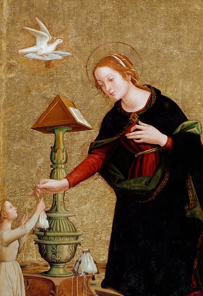 Detail Panny Marie, ze Zvěstování s kardinálem Juanem de Torquemadou (obraz, kolem roku 1460) od Antoniazzo Romano