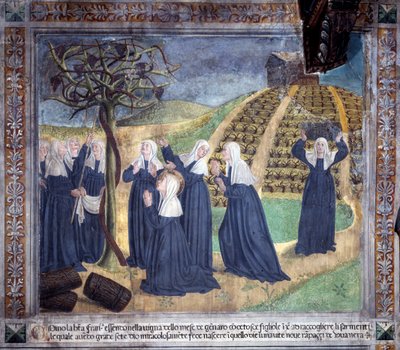 Život svaté Francoise Romaineové: světec, který se sestrami pečuje o vinici, dává v lednu objevit hrozny (Fresco od Antoniazzo Romano