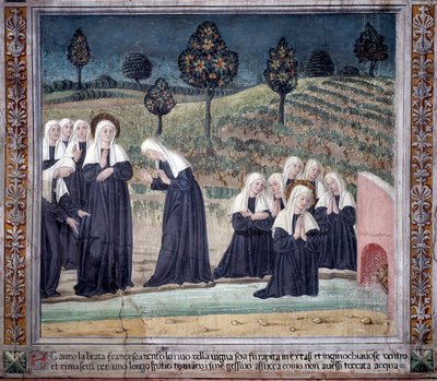 Život svaté Francesky Romany: Při návratu z baziliky svatého Pavla byla světice uchvácena v extázi v potoce, ale vstala dokonale suchá (Freska od Antoniazzo Romano