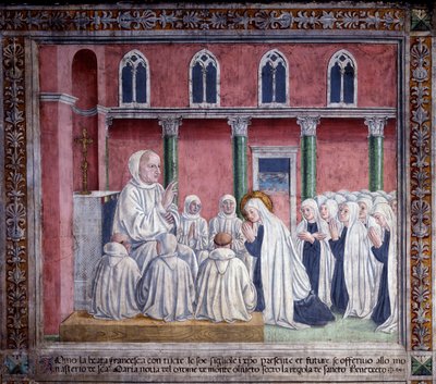Život sv. Francesca Romana: Světec a obláti se nabízejí benediktinskému řádu a usazují se v kostele santa maria nova v Římě (Fresco od Antoniazzo Romano