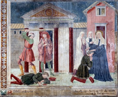 Život svaté Francescy Romany: Světec uzdravuje muže ubitého k smrti svými nepřáteli (freska od Antoniazzo Romano