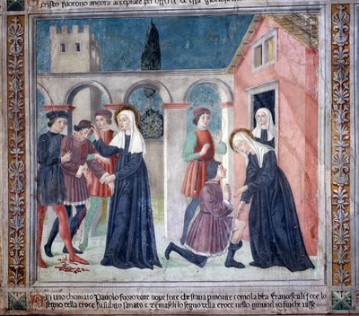 Život svaté Francesky Romany: Světec uzdravuje zraněného muže (Fresco od Antoniazzo Romano