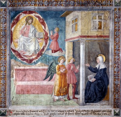 Život svaté Francesky Romany: Syn světice zabitý dýmějovým morem se jí zjevuje s andělem (Fresco od Antoniazzo Romano