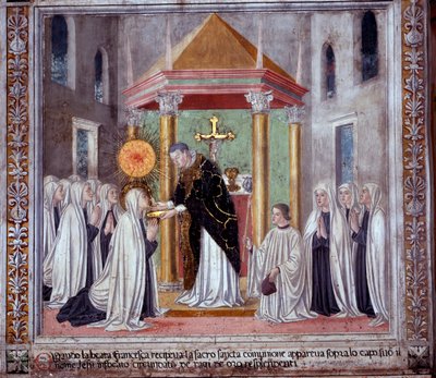 Život sv. Francescy Romana: Když světice přijímala přijímání, objevila se nad ní zářící koule (Freska od Antoniazzo Romano