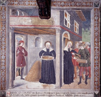 Život svaté Francescy Romany: během vážného hladomoru v roce 1402 dává Francesca všechno své obilí chudým (Fresco od Antoniazzo Romano