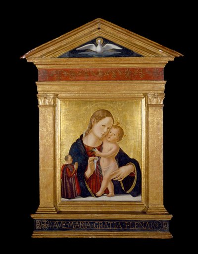 Panna a dítě s dárcem, cca 1480 (tempera a plátkové zlato na panelu) od Antoniazzo Romano