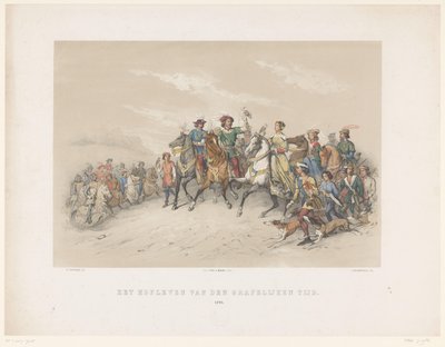 Utrechtská maškaráda z roku 1851: Soudní život v roce 1296 Dvorský život hraběcího věku. 1296 (název na objektu) Národní dějiny. od nejstarších dob do konce 17. století, v osmi scénách, v kostýmech uváděných H.H. Dtudente od Antonie Johannes Groeneveldt