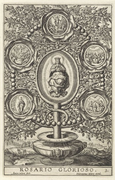 Pět slavných záhad Rosario Glorioso (titul na objektu) Patnáct tajemství růžence (název série) od Antonie Wierix (II)
