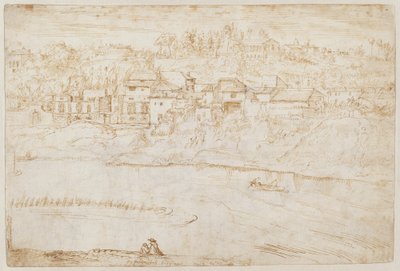 Pohled na kopec Janiculum při pohledu z Tibery (recto) od Antonie van den Wyngaerde