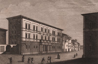 Pohled na biskupský palác v Pistoia, Toskánsko, Itálie, mědirytina Antonia Morghena (1788-1853), cca 13x9,5 cm od Antonio (1788-1853) Morghen