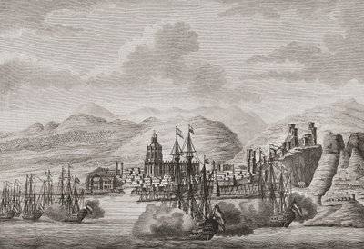 Holandská flotila u Malagy, Španělsko 1784 palebný pozdrav. (tisk) od Antonio (after) Suntach