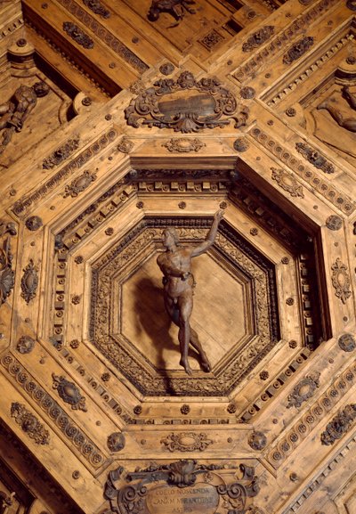 Apollo, ochránce léku. Detail dřevěného stropu anatomického divadla od Antonio (d.1663) Paolucci