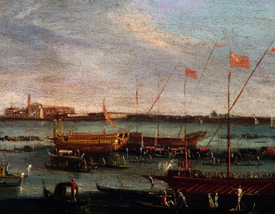 Bucentaur (státní galéra benátských dóžů) na Lido v Benátkách, olej na plátně, škola Canaletto, Itálie od Antonio (studio of) Canaletto